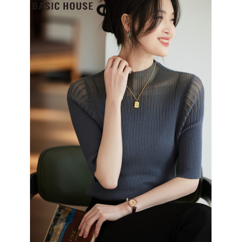 Basic House/百家好法式赫拉半高領網紗五分袖針織打底衫女士夏季