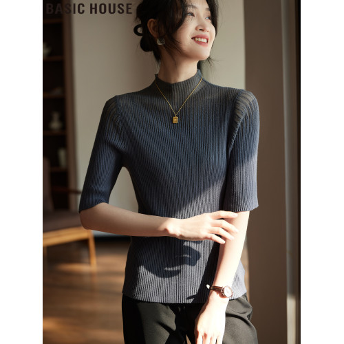 Basic House/百家好法式赫拉半高領網紗五分袖針織打底衫女士夏季