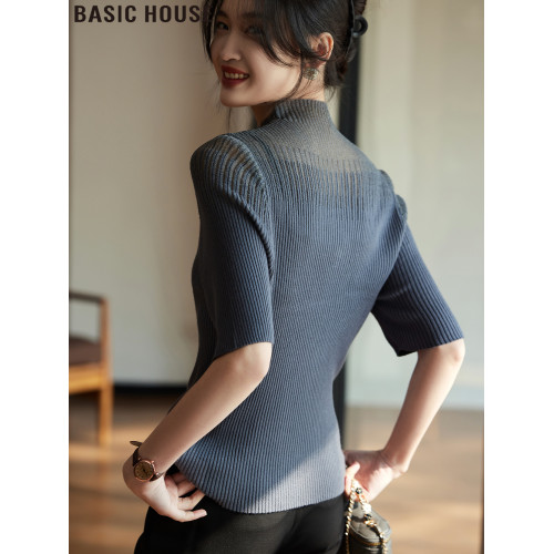 Basic House/百家好法式赫拉半高領網紗五分袖針織打底衫女士夏季