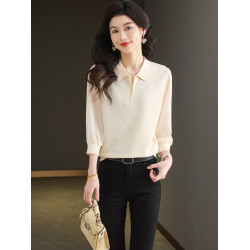 桑蠶絲七分袖針織衫女春季新款真絲拼接薄上衣百搭洋氣短款打底衫