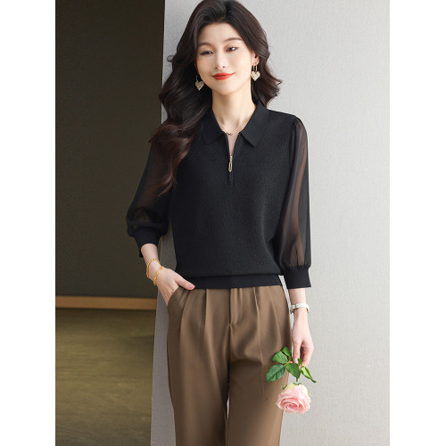 桑蠶絲七分袖針織衫女春季新款真絲拼接薄上衣百搭洋氣短款打底衫