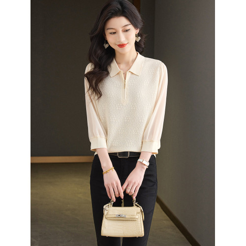 桑蠶絲七分袖針織衫女春季新款真絲拼接薄上衣百搭洋氣短款打底衫