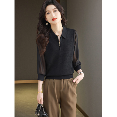 桑蠶絲七分袖針織衫女春季新款真絲拼接薄上衣百搭洋氣短款打底衫