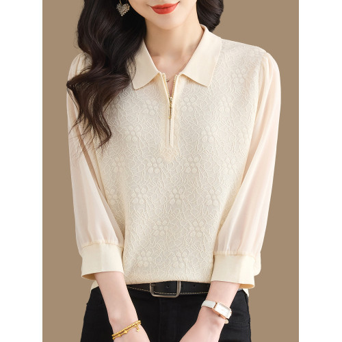 桑蠶絲七分袖針織衫女春季新款真絲拼接薄上衣百搭洋氣短款打底衫