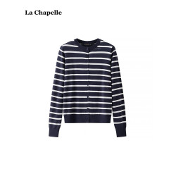 拉夏貝爾/La Chapelle圓領條紋針織開衫女春季新款長袖打底衫上衣