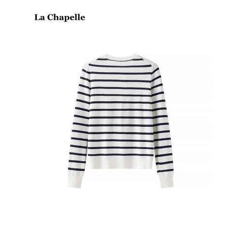 拉夏貝爾/La Chapelle圓領條紋針織開衫女春季新款長袖打底衫上衣