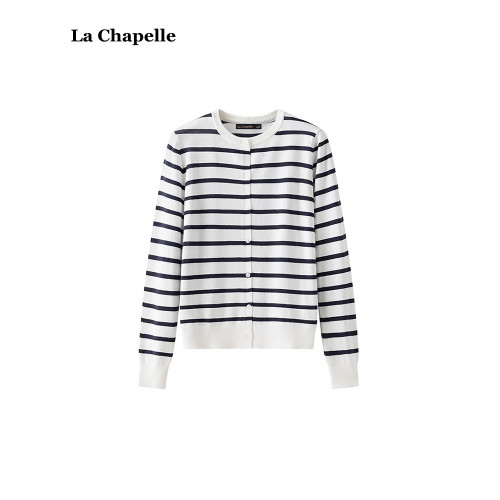 拉夏貝爾/La Chapelle圓領條紋針織開衫女春季新款長袖打底衫上衣
