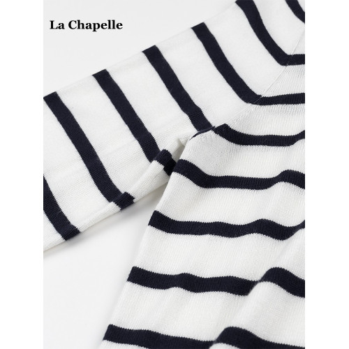 拉夏貝爾/La Chapelle圓領條紋針織開衫女春季新款長袖打底衫上衣
