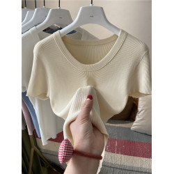 坑條冰絲針織春夏純色圓領韓系針織衫打底衫女修身內搭圓領短袖