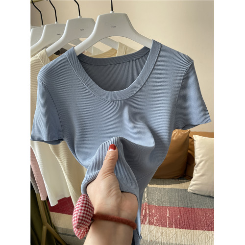 坑條冰絲針織春夏純色圓領韓系針織衫打底衫女修身內搭圓領短袖