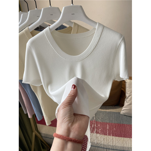 坑條冰絲針織春夏純色圓領韓系針織衫打底衫女修身內搭圓領短袖