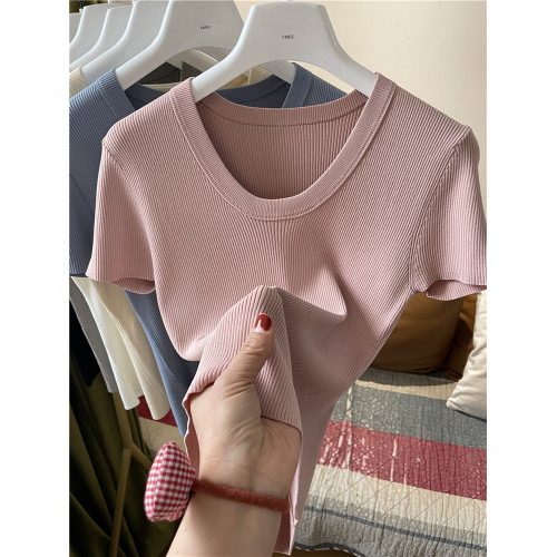 坑條冰絲針織春夏純色圓領韓系針織衫打底衫女修身內搭圓領短袖