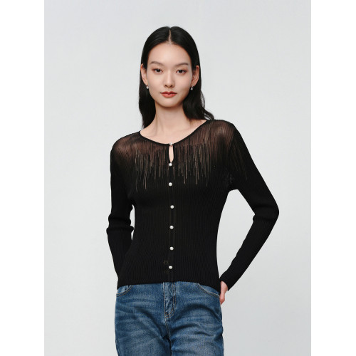 EP雅瑩女裝 絲醋酸氣質圓領修身燙鑽針織打底衫2025夏季新款9513A