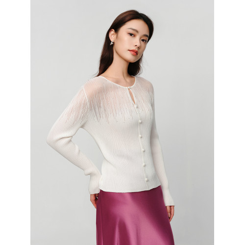 EP雅瑩女裝 絲醋酸氣質圓領修身燙鑽針織打底衫2025夏季新款9513A