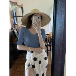 2025春裝新款V領五分袖修身套頭冰絲針織衫中袖打底衫綠色上衣女