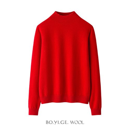 博依格2025早春新品100%羊毛衫女半高領套頭毛衣寬松針織打底衫