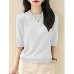 春季新款圓領五分袖針織衫女純色套頭寬松顯瘦上衣韓版簡約打底衫