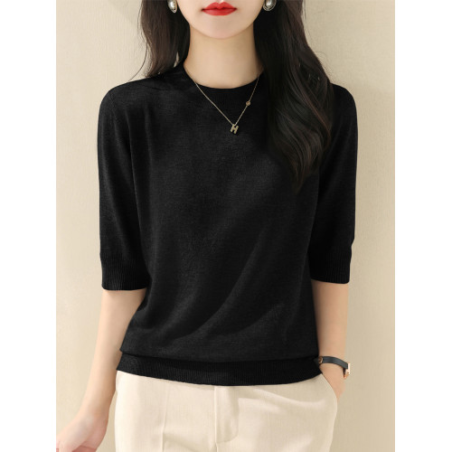 春季新款圓領五分袖針織衫女純色套頭寬松顯瘦上衣韓版簡約打底衫