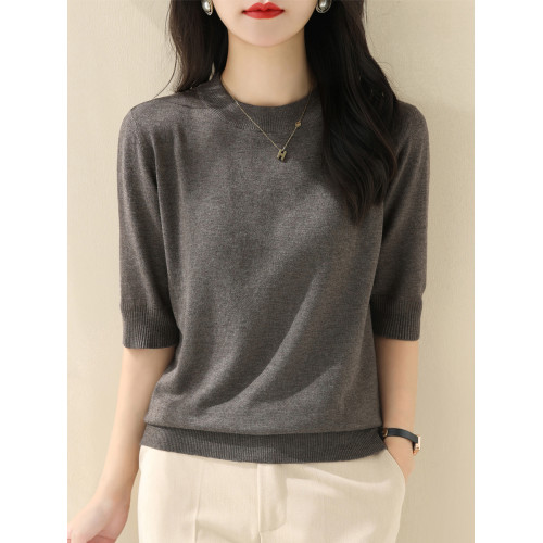 春季新款圓領五分袖針織衫女純色套頭寬松顯瘦上衣韓版簡約打底衫