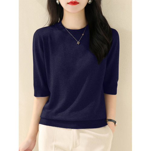 春季新款圓領五分袖針織衫女純色套頭寬松顯瘦上衣韓版簡約打底衫