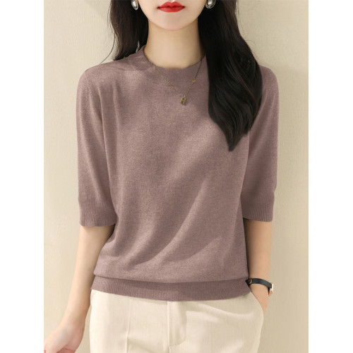 春季新款圓領五分袖針織衫女純色套頭寬松顯瘦上衣韓版簡約打底衫