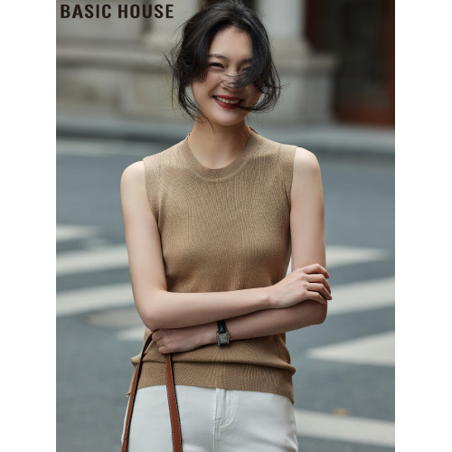 Basic House/百家好卡其色圓領吊帶背心女2025夏季新款無袖打底衫