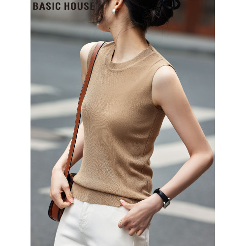 Basic House/百家好卡其色圓領吊帶背心女2025夏季新款無袖打底衫