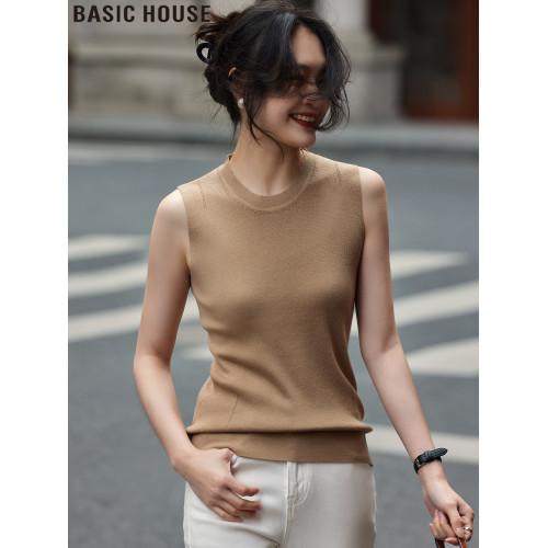 Basic House/百家好卡其色圓領吊帶背心女2025夏季新款無袖打底衫
