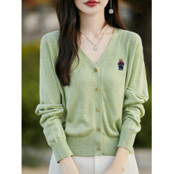 刺綉V領針織開衫女新款羊毛打底衫內搭薄款綠色毛衣外套短款上衣