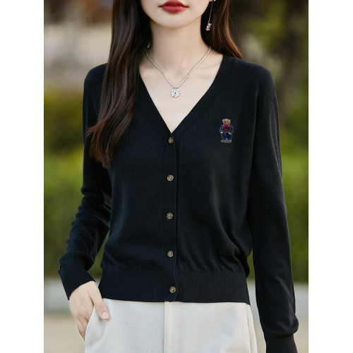 刺綉V領針織開衫女新款羊毛打底衫內搭薄款綠色毛衣外套短款上衣