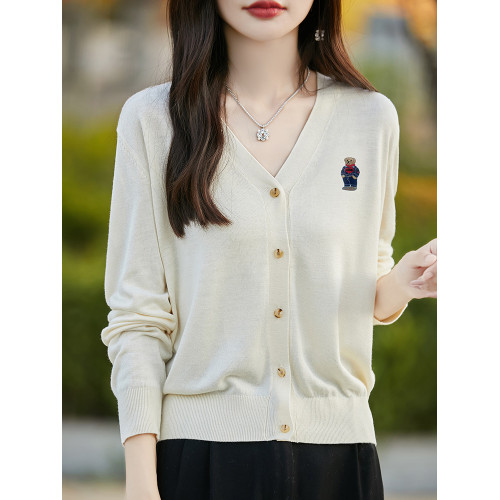刺綉V領針織開衫女新款羊毛打底衫內搭薄款綠色毛衣外套短款上衣
