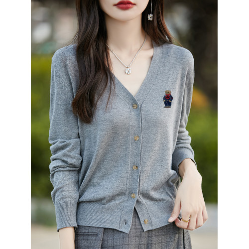 刺綉V領針織開衫女新款羊毛打底衫內搭薄款綠色毛衣外套短款上衣