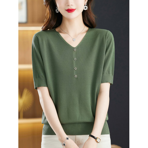 媽媽裝夏季冰絲v領針織衫t恤女新款寬松大碼桑蠶絲短袖薄款打底衫