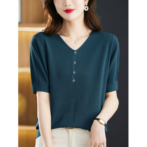 媽媽裝夏季冰絲v領針織衫t恤女新款寬松大碼桑蠶絲短袖薄款打底衫