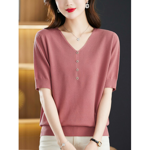 媽媽裝夏季冰絲v領針織衫t恤女新款寬松大碼桑蠶絲短袖薄款打底衫