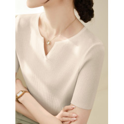 2025年春季新款小V領短袖針織衫女簡約百搭套頭內搭毛衣打底衫