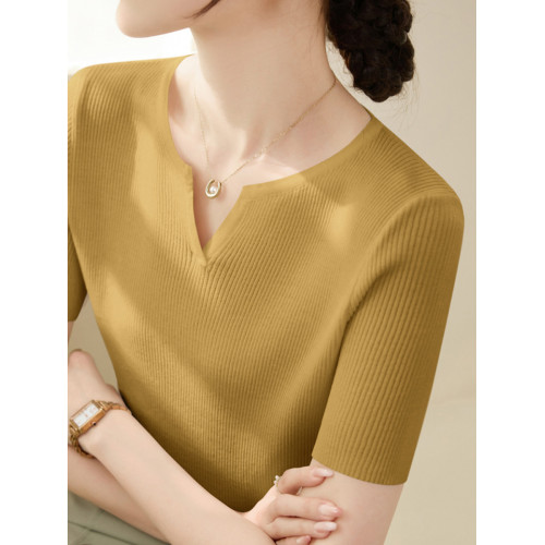 2025年春季新款小V領短袖針織衫女簡約百搭套頭內搭毛衣打底衫