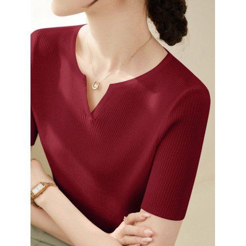 2025年春季新款小V領短袖針織衫女簡約百搭套頭內搭毛衣打底衫