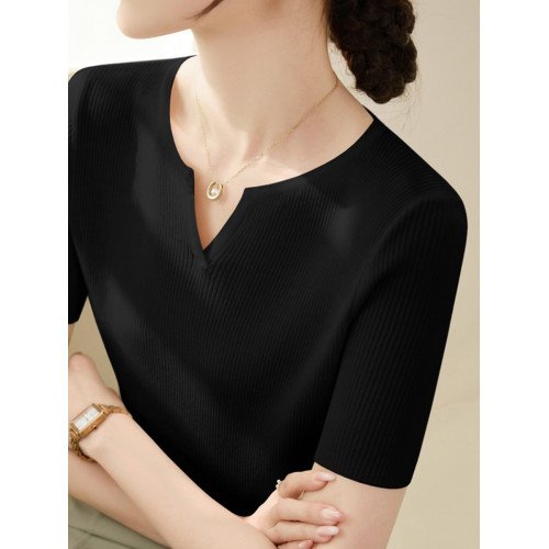 2025年春季新款小V領短袖針織衫女簡約百搭套頭內搭毛衣打底衫