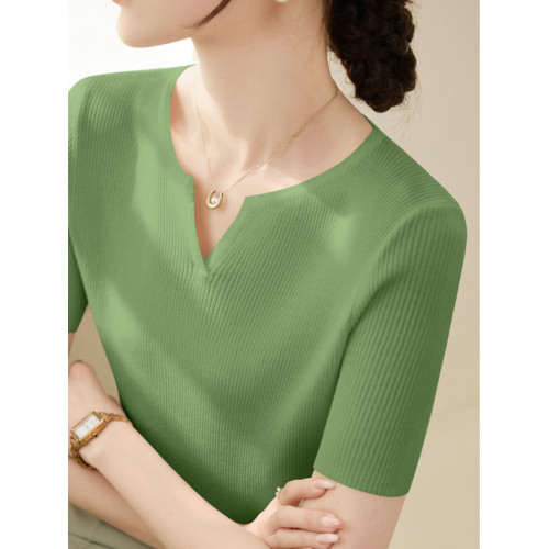 2025年春季新款小V領短袖針織衫女簡約百搭套頭內搭毛衣打底衫