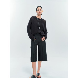 Moncekova2025春夏款亞麻混紡灰色鏤空針織衫女寬松圓領套頭罩衫