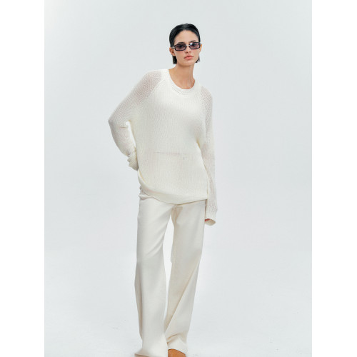 Moncekova2025春夏款亞麻混紡灰色鏤空針織衫女寬松圓領套頭罩衫