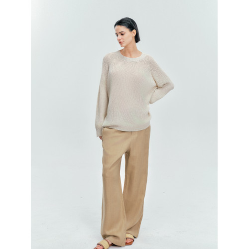 Moncekova2025春夏款亞麻混紡灰色鏤空針織衫女寬松圓領套頭罩衫