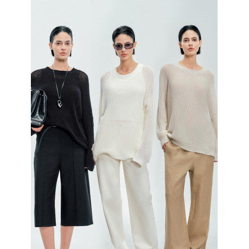 Moncekova2025春夏款亞麻混紡灰色鏤空針織衫女寬松圓領套頭罩衫