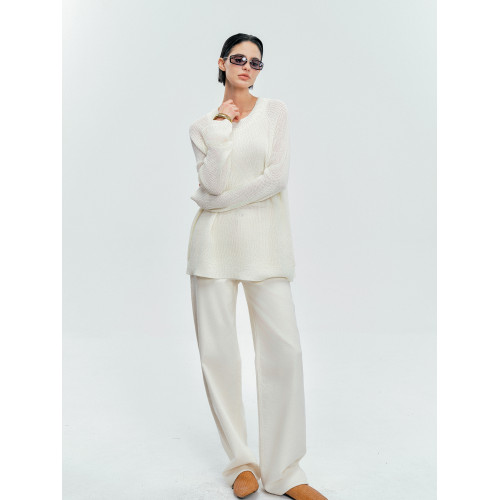 Moncekova2025春夏款亞麻混紡灰色鏤空針織衫女寬松圓領套頭罩衫