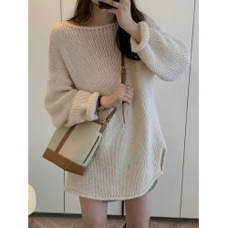 秋冬新品羊毛衫女寬松中長款落肩粗針白色毛衣一字領羊毛打底衫