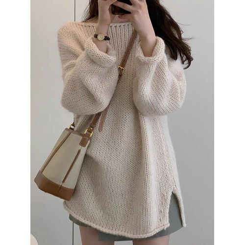 秋冬新品羊毛衫女寬松中長款落肩粗針白色毛衣一字領羊毛打底衫