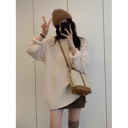 秋冬新品羊毛衫女寬松中長款落肩粗針白色毛衣一字領羊毛打底衫