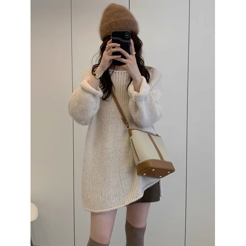 秋冬新品羊毛衫女寬松中長款落肩粗針白色毛衣一字領羊毛打底衫