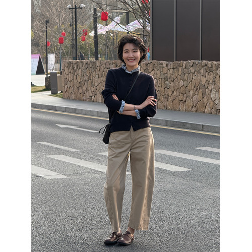 浪清 立領木耳邊打底衫撞色拼接上衣羊毛衫薄款針織衫女2025新款